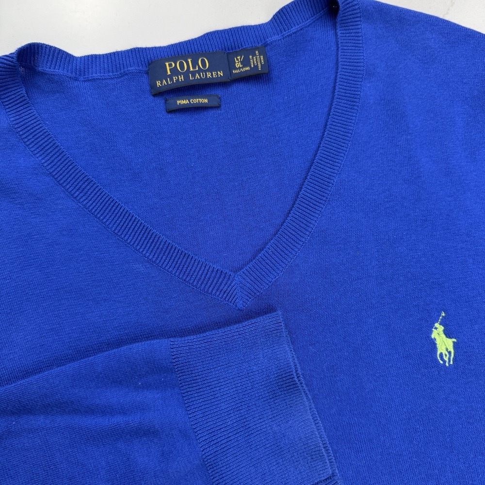 Polo‎ Ralph Lauren V Neck Sweater Mens L Tall Blue Pima Cotton Lime Green Pony